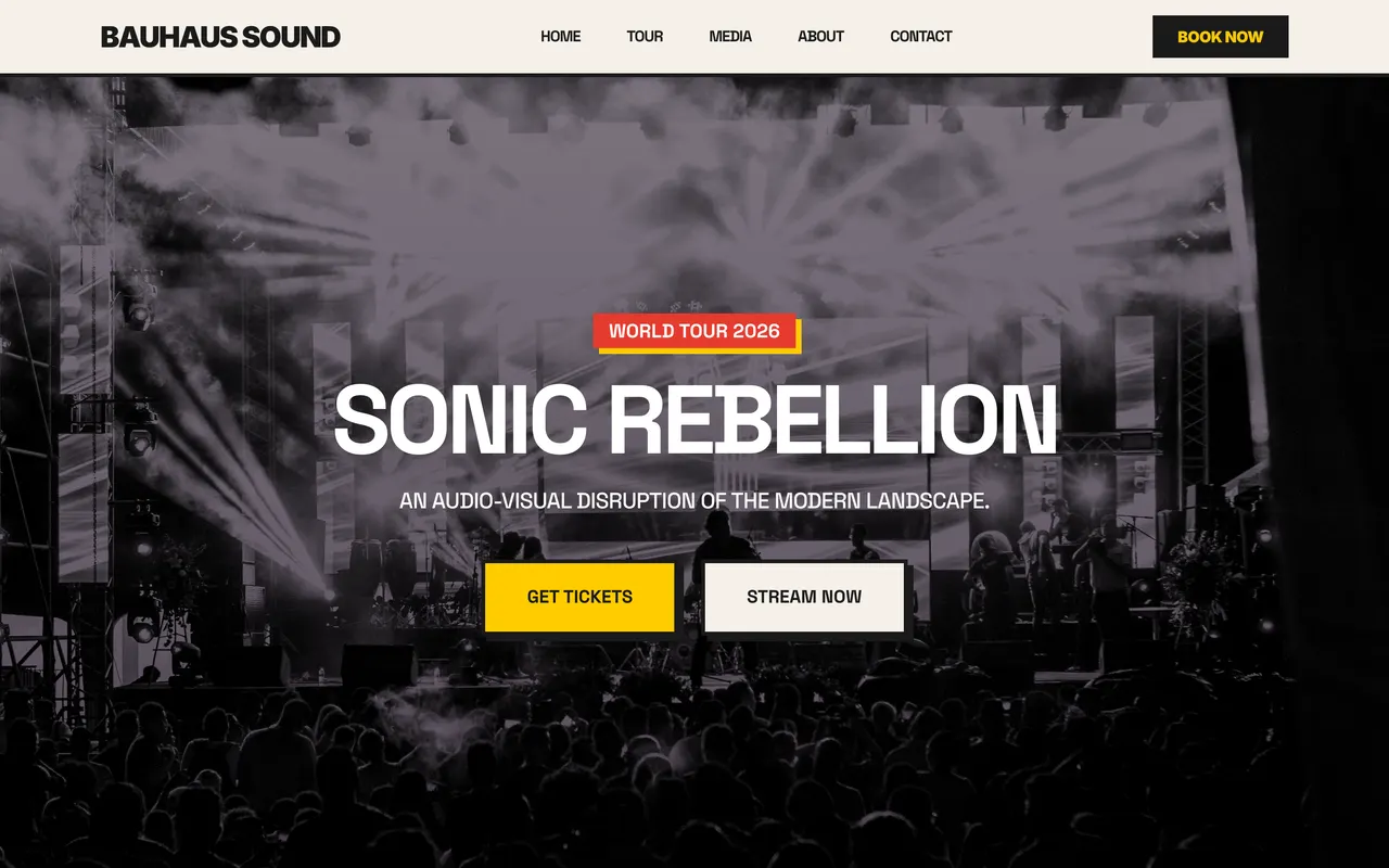 The Bauhaus template homepage: a high-contrast live photo behind a world tour badge, with Get Tickets and Stream Now buttons.