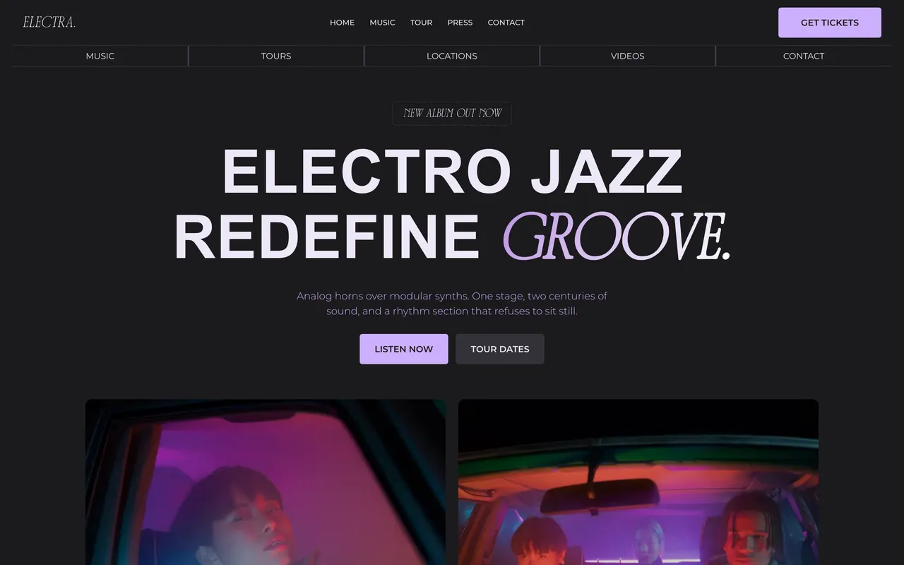The Electro Jazz template homepage: a dark hero with giant uppercase type, a gradient italic accent word, and a pair of neon-lit photographs below it.