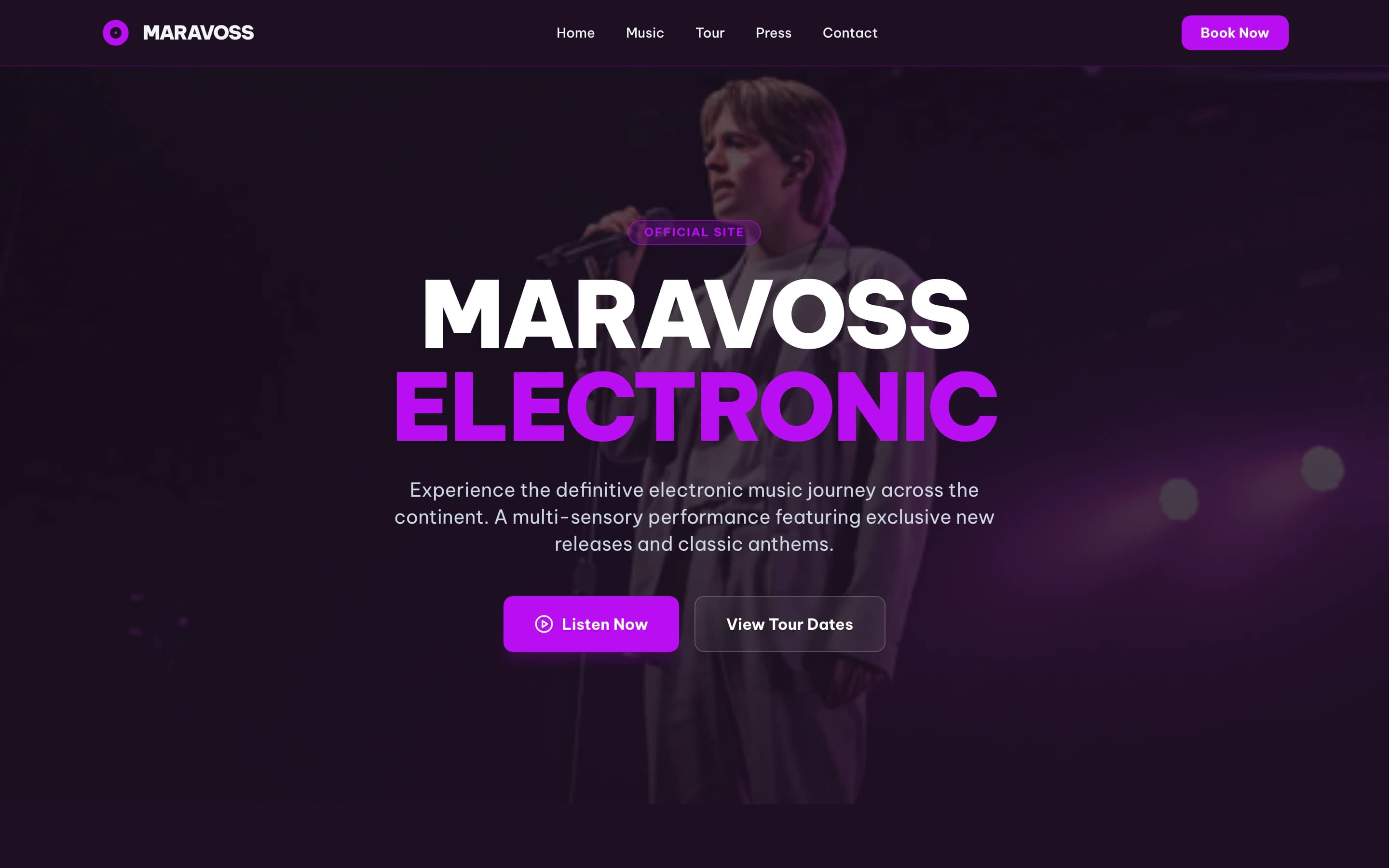 A published Artistplus artist site for Maravoss: the artist's name over full-bleed tour artwork, with Listen Now and View Tour Dates buttons.