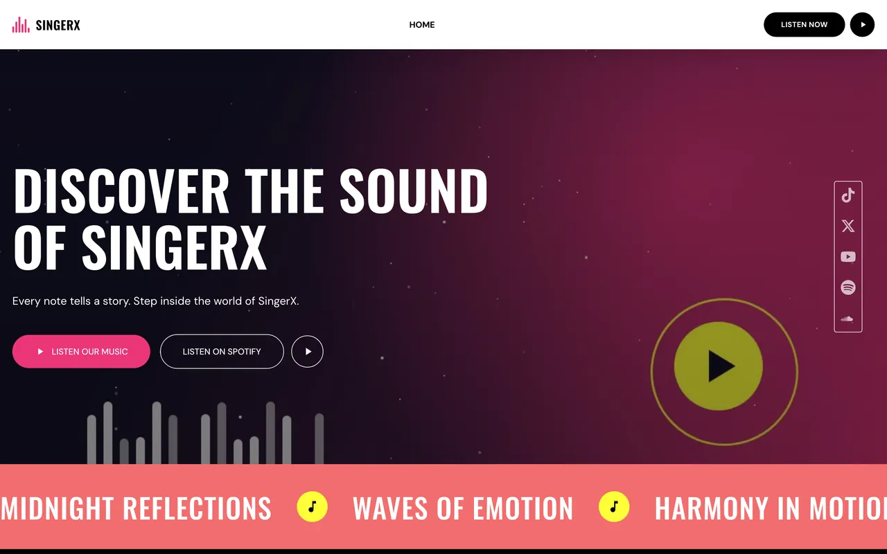 The Pop Craft template homepage: a magenta gradient hero with bold condensed type, a large play button, and a coral ticker of track titles running across the foot.