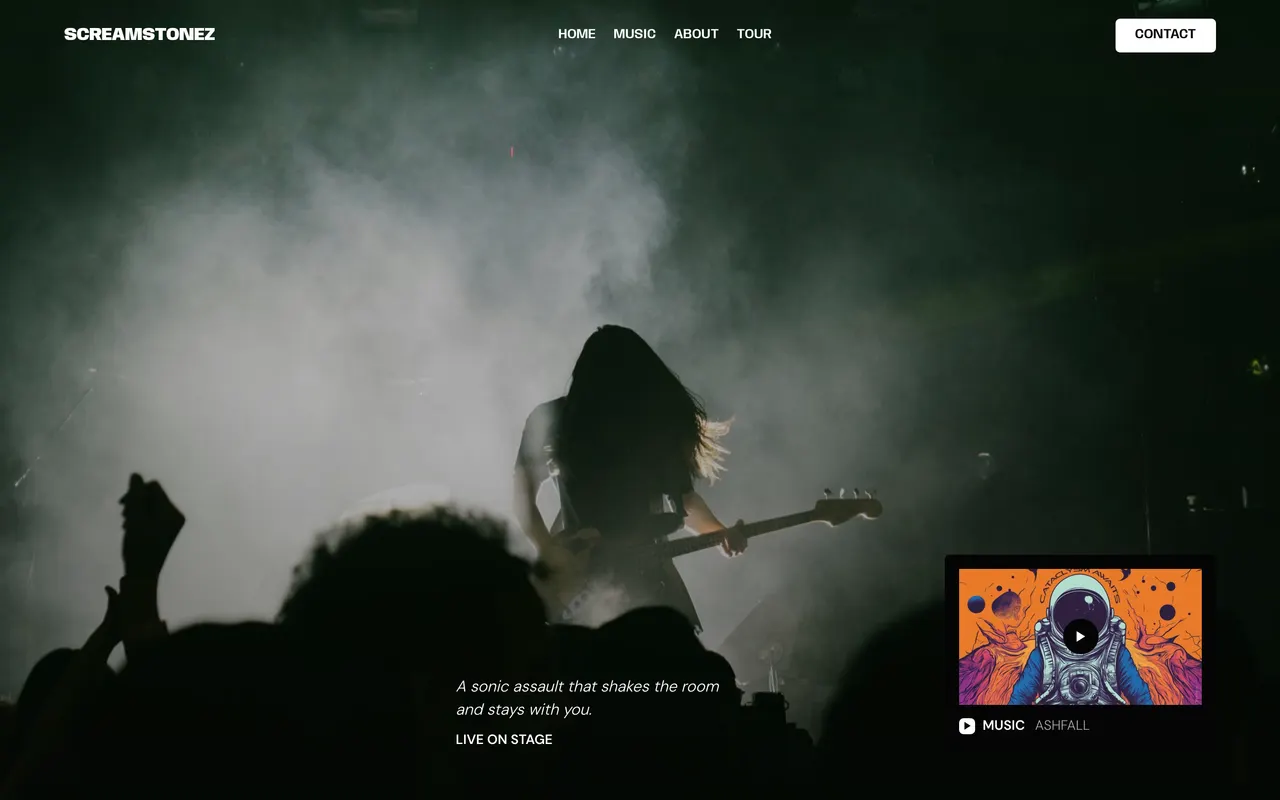 The Scream Stonez template homepage: a full-bleed photo of a guitarist lit through stage smoke, with a one-line tagline and Listen Now and Events buttons over it.